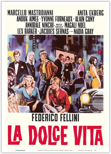 Vista 11 de La Dolce Vita de Federico Fellini con Marcello Mastroianni Anita Ekberg - Póster vintage de película italiana por Sandro Simeoni c.1960 - Impresión