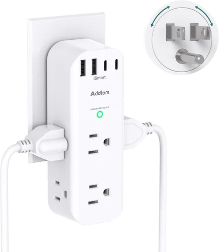 Vista 7 de Addtam Extensor de salida protector de sobretensiones con enchufe giratorio, 6 salidas de CA y 3 puertos USB, regleta de alimentación de pared