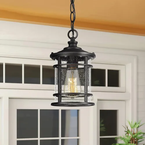 Vista 3 de Emliviar Lámpara colgante moderna para exteriores - Luz colgante para porche con pantalla de vidrio semillado en acabado negro, XE229H-S BK