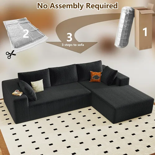 Vista 5 de Sofá seccional modular de 96", sofá en forma de L tipo nube sin estructura con chaise lounge, tapizado de pana con asiento profundo de espuma Negro