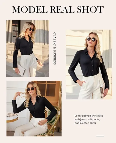 Vista 6 de siliteelon Camisas con botones para mujer, ajustadas, de manga larga, elásticas, de vestir, camisas de trabajo, sin arrugas, blusas de oficina
