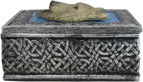 Vista 5 de Ebros Gift Figura decorativa rectangular de lobo alfa con elemento de noche estrellada azul celta como recuerdo, almacenamiento de joyas, decoración