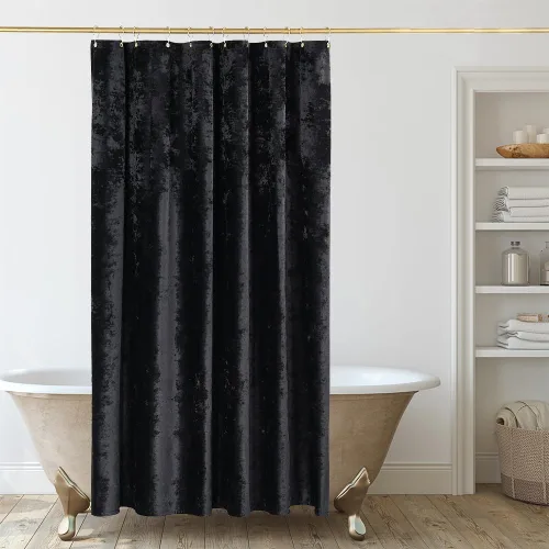 Vista 5 de TAMGHO Cortina de ducha negra para baño, lujosa cortina de ducha de terciopelo aplastado negro, juego de cortina de ducha oscura con ganchos