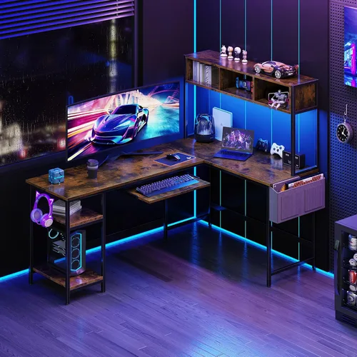 Vista 6 de DUMOS Escritorio para juegos en forma de L de 67 pulgadas, escritorio reversible para computadora con luces LED, mesa esquinera con bandeja