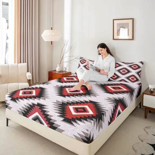 Vista 5 de Juego de sábanas bajeras de diseño nativo americano del suroeste para niños, niñas y adolescentes, juego de ropa de cama tribal para niños, niñas
