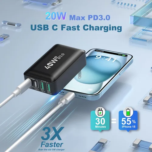 Vista 4 de Bloque de cargador plano USB C, enchufe de pared de carga rápida OKRAY 40W 4 puertos tipo C PD3.0&QC3.0 Multiport Charger Slim Travel Power