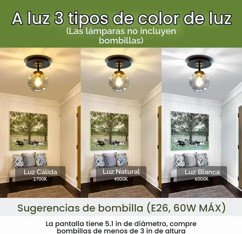 Vista 3 de Lámpara de techo de 1 bombilla de techo con forma de globo de cristal, moderna y semiempotrada de color negro para pasillo, porche, escalera