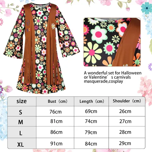 Vista 3 de Conjunto de disfraz hippie para niñas de los años 60 y 70, vestido hippie de signo de la paz, accesorios de fiesta hippie para Halloween, fiesta