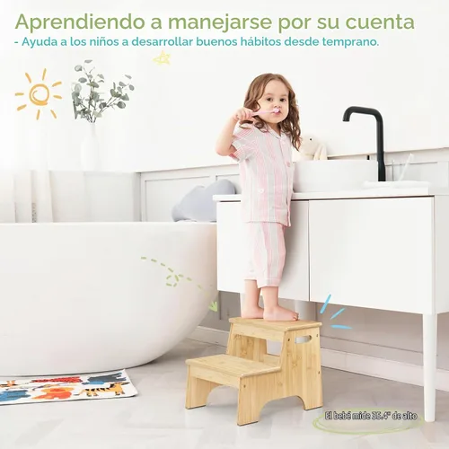 Vista 2 de Forbena Taburete de Baño de Madera para Niños Pequeños, Taburete Resistente de 2 Escalones para Niños para Lavabo de Baño Encimera de Cocina, Madera