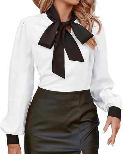Vista 28 de Avanova - Camisas de manga larga abullonada con cuello de lazo para mujer, blusas casuales de trabajo