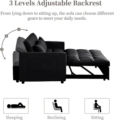 Vista 4 de Sofá cama convertible 3 en 1, sofá biplaza reclinable de dos plazas con respaldo ajustable y bolsillo lateral, sofá lounge de terciopelo con cama