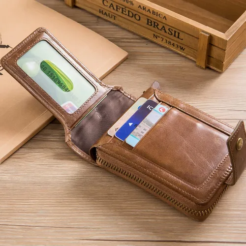 Vista 20 de LUKZIJAES Billetera de cuero genuino para hombre, con bloqueo RFID, delgada, plegable, bolsillo frontal, #3-Café, Vintage