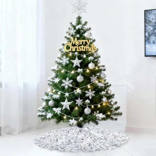 Vista 7 de Falda de árbol de Navidad plateada de 36 pulgadas, falda de árbol de Navidad con lentejuelas brillantes, decoraciones de Navidad con purpurina