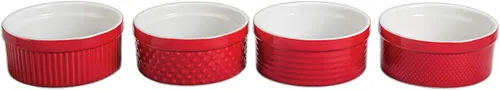 Vista 2 de BIA Cordon Bleu Plato redondo para soufflé con textura de clavo de porcelana de 1 cuarto de galón, rojo/blanco