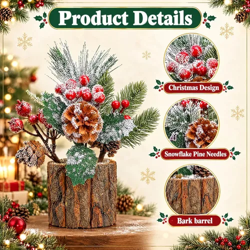 Vista 4 de Tioncy 6 Set Christmas Floral Table Centerpiece Bulk Bark Frosted Woodland Artificial Holly Red Berry Pine Cone Greenery Stems Picks Arrangement