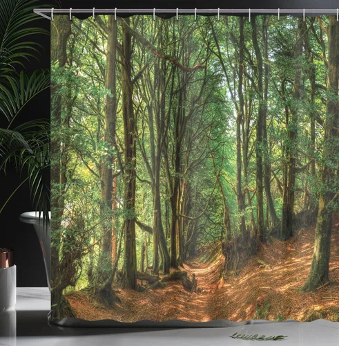 Vista 3 de Ambesonne Cortina de ducha con diseño de bosque, árboles y caminos, follaje de tronco vegetal, imagen al aire libre, juego de decoración de baño