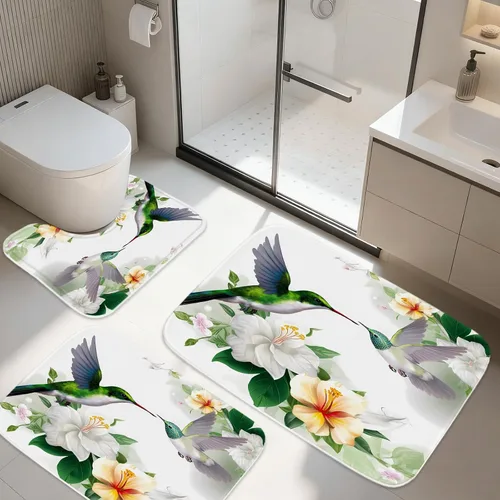 Vista 8 de TheBlackSpot Juego de 3 alfombras de baño rústicas de primavera de granja, diseño botánico de pájaros, tapete de baño de espuma viscoelástica