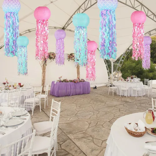 Vista 4 de Decoraciones de cumpleaños de sirena, linternas de papel de medusas rosadas lavanda azul, escamas de sirena colgantes en forma de linterna