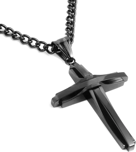 Vista 7 de HZMAN collar con colgante de cruz de acero inoxidable pulido, con cadena de 24 in, para hombre