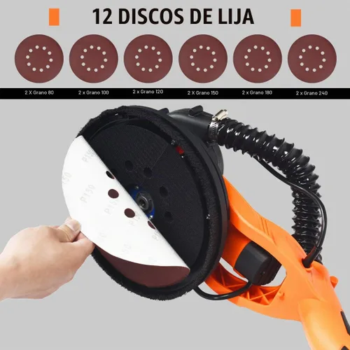 Vista 5 de IRONMAX Lijadora eléctrica para paneles de yeso, lijadora eléctrica plegable de 6 velocidades variables con colector de polvo al vacío, luz LED