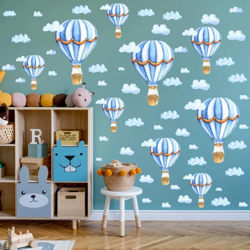 Vista 4 de Calcomanías de pared extraíbles para globos de aire caliente grandes, calcomanías de vinilo de nubes azules, autoadhesivos, murales artísticos