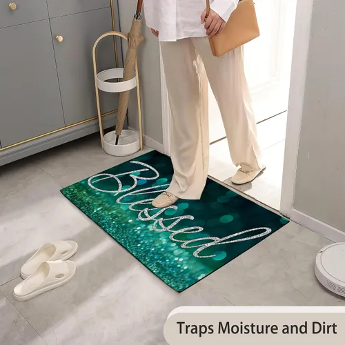 Vista 7 de TUBAMQ Felpudo de puerta Blessed de 17 x 30 pulgadas, tapete decorativo de bienvenida con purpurina bendita, parte trasera de goma antideslizante