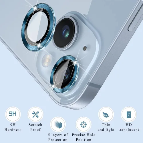 Vista 8 de Protector de lente de cámara de metal de aleación de alta calidad, protector de pantalla de vidrio templado compatible con iPhone 14 / Plus, ultra
