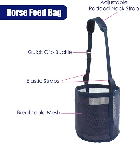 Vista 3 de Bolsa de alimentación para caballos para grano, alimentador de caballos de malla resistente con correa ajustable, almohadilla cómoda para el cuello