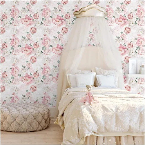 Vista 2 de Blooming Wall PS040 - Papel tapiz autoadhesivo para despegar y pegar, con peonía fresca, color blanco y rosa Rosado/Blanco