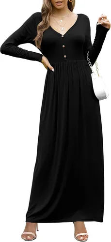 Vista 2 de GRECERELLE Vestido de manga larga con cuello en V para mujer, estilo casual, con botones, maxi, 2025, con bolsillos 01 Negro