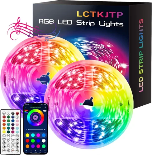 Vista 9 de Tira de luces LED, sincronización de música RGB, luces LED que cambian de color con control remoto y control remoto de aplicación inteligente, luces