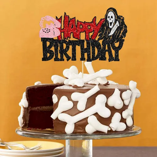 Vista 5 de 1 pieza de decoración de pastel de cumpleaños asesino ensamblada con purpurina de terror clásico de Halloween para tema de terror sangriento Negro