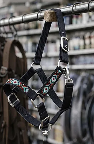 Vista 5 de CHALLENGER Nylon Horse Beaded Halter Nickle Plated Hardware w/Lead Rope Tack Blue 606175