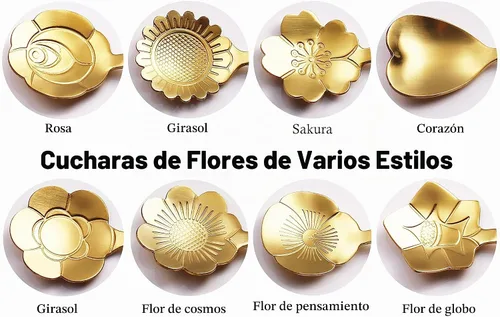 Vista 2 de Juego de 9 cucharas de café con diseño de flores, cucharas de té de acero inoxidable para decoraciones de fiesta de té (dorado)