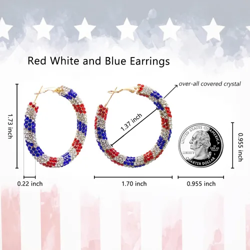 Vista 3 de MUYUU Pendientes rojos, blancos y azules, aretes de aro patrióticos con bandera de EE. UU. para mujer, joyería patriótica, chapado en rosa, Diamante