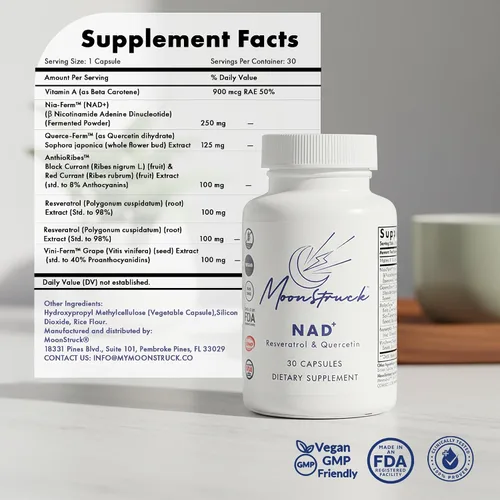 Vista 4 de Suplemento fermentado de NAD+ con resveratrol y quercetina, energía celular bio-idéntica y apoyo al envejecimiento saludable, vegano, sin OMG, 30