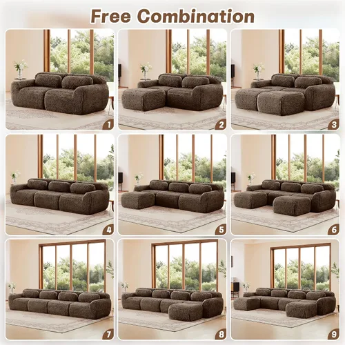 Vista 8 de Sofás de nube sin hueso de 80.4 pulgadas, tela de felpa suave y esponjosa, sofá cama modular con 2 otomanas, sofás de dos plazas de chocolate,