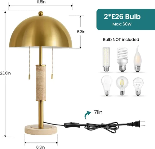 Vista 6 de KAISITE Juego de 2 lámparas de mesa modernas de 61 cm para sala de estar, lámpara de mesita de noche de metal dorado con travertino decorativo