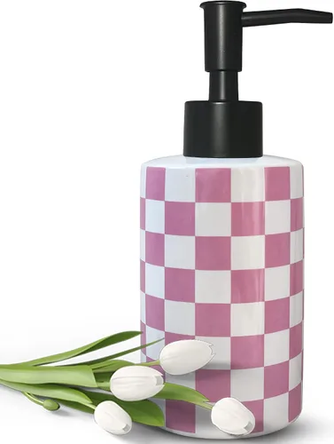 Vista 8 de Dispensador de jabón de baño con bomba negra mate, dispensador de jabón de cerámica blanca para cocina, patrón de cuadros, botella de bomba vacía