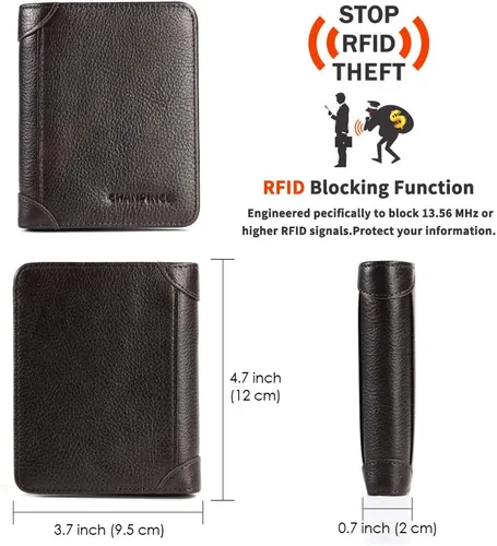 Vista 63 de Billetera de piel triple con bloqueo RFID para hombre con 2 ventanas de identificación, 2 compartimentos para efectivo, 6-8 ranuras para tarjetas