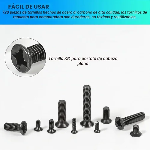 Vista 2 de Juego de tornillos para portátil de 720 piezas, kit de tornillos de repuesto para computadora, M1.4, M1.7, M2, M2.5, M3 cabeza plana avellanada 720