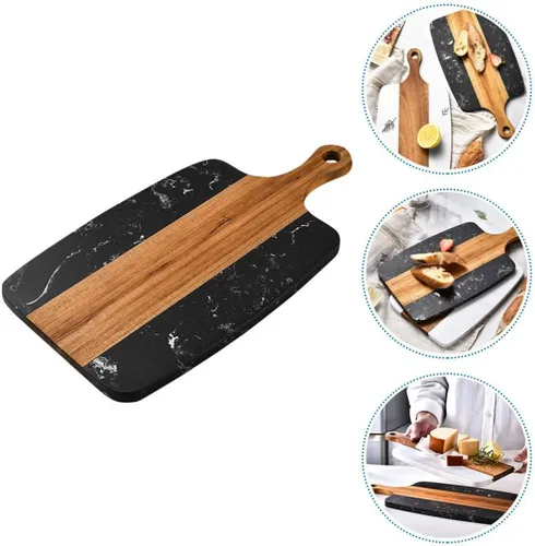 Vista 9 de Hemoton Tabla de cortar de madera con mango Tabla de cortar de madera rectangular con paleta para cortar carnicero colgante de placa de bistec