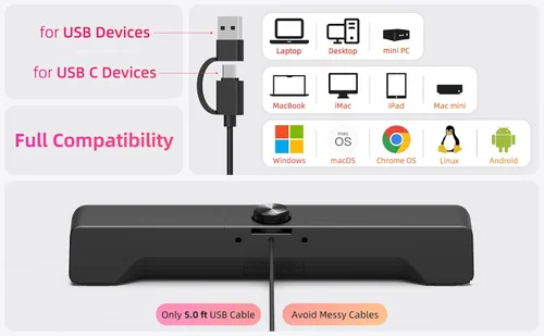 Vista 5 de Altavoces de barra de sonido de computadora para PC de escritorio, Mac, enchufe USB, con cable, altavoces externos para monitor de escritorio