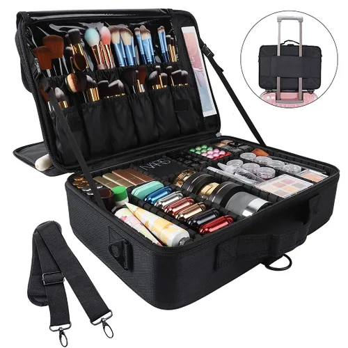Vista 8 de Gzcz Estuche de viaje para maquillaje, profesional, 16 pulgadas, gran capacidad, organizador de brochas, portátil, para artistas, divisores Negro