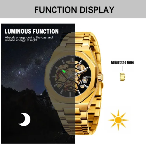 Vista 5 de Tiong Relojes automáticos de moda Reloj de pulsera mecánico dorado para hombre Relojes esqueleto con esfera transparente de acero inoxidable