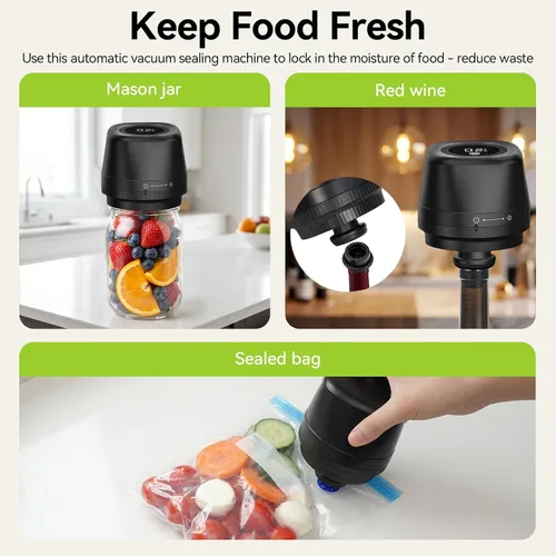 Vista 2 de Kit de sellador al vacío Mason, sellador al vacío compacto para tarros Mason y bolsas al vacío, incluye tapas, tapón, bolsa y accesorios, sellador
