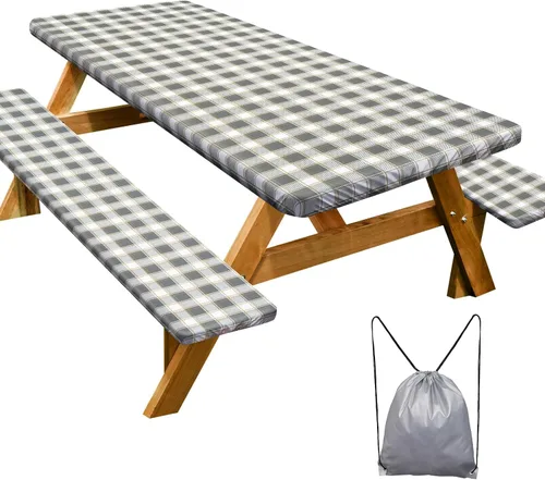Vista 17 de Funda de mesa de picnic con fundas para bancos Esenciales de camping Mantel de picnic impermeable y a prueba de viento con bolsa de cordón, funda