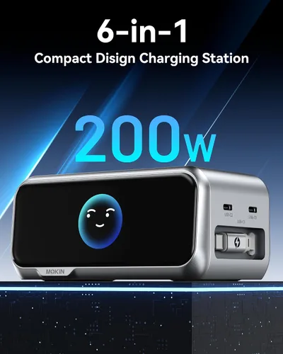 Vista 9 de MOKiN Estación de carga de escritorio, estación de carga USB C retráctil de 200 W y 6 puertos para múltiples dispositivos, accesorios de escritorio