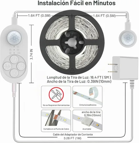 Vista 7 de Luces de Escalera con Doble Sensor para Interiores, Tira de Luz para Escalones Activada por Movimiento Enchufable para Interiores con Atenuador