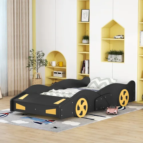 Vista 4 de Harper & Bright Designs Cama de plataforma en forma de auto de tamaño individual con almacenamiento y ruedas, cama individual para niños, marco